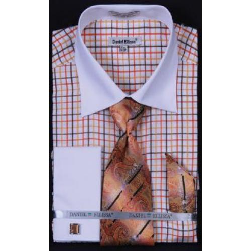 Daniel Ellissa Orange Small Checker Shirt / Tie / Hanky Set With Free Cufflinks DS3765P2